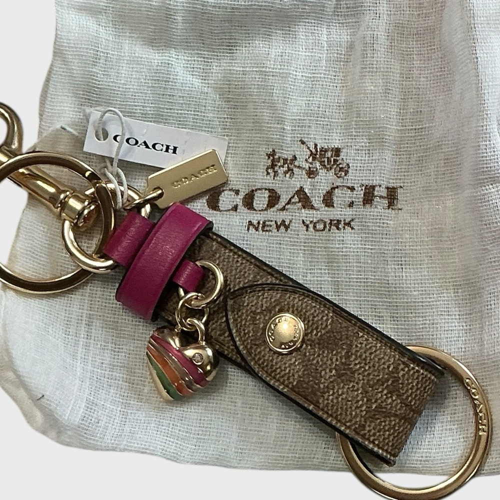 Coach Signature Canvas Trigger Snap Bag Charm Keychain Rainbow Heart
